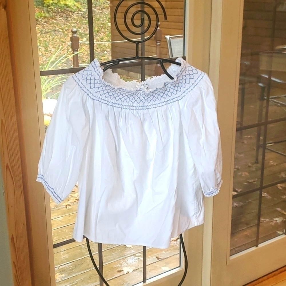 Vineyard Vines 3/4 Sleeve Smocked Blue & White Stitching Sz L Blouse Tunic